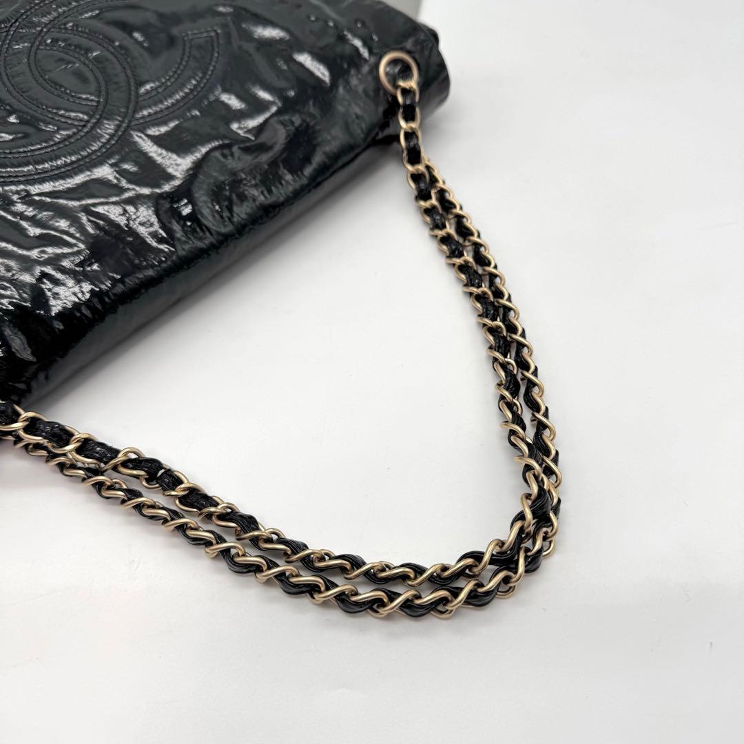 極美品 シャネル デカココ チェーン ショルダーバッグ フラップ エナメル 黒