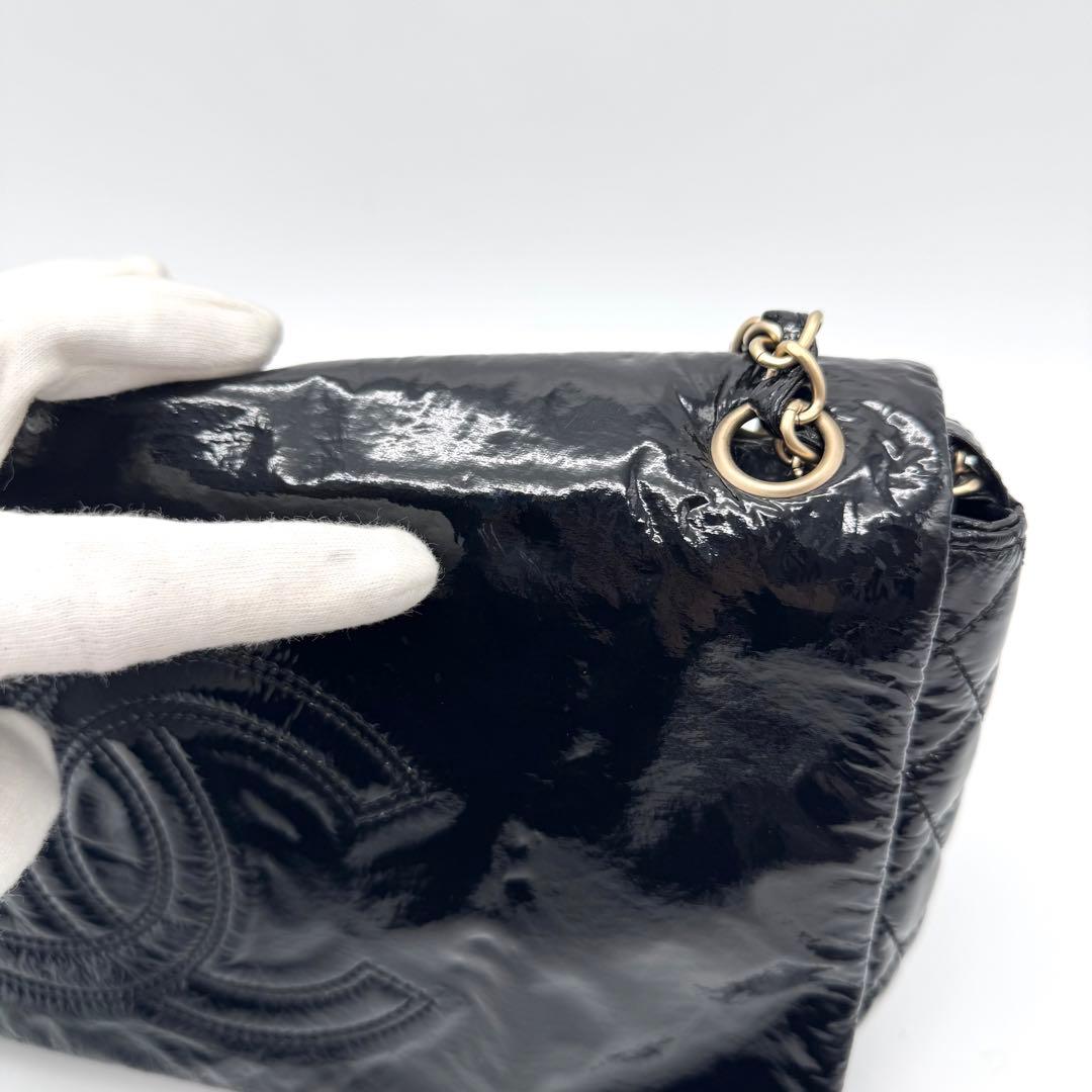 極美品 シャネル デカココ チェーン ショルダーバッグ フラップ エナメル 黒