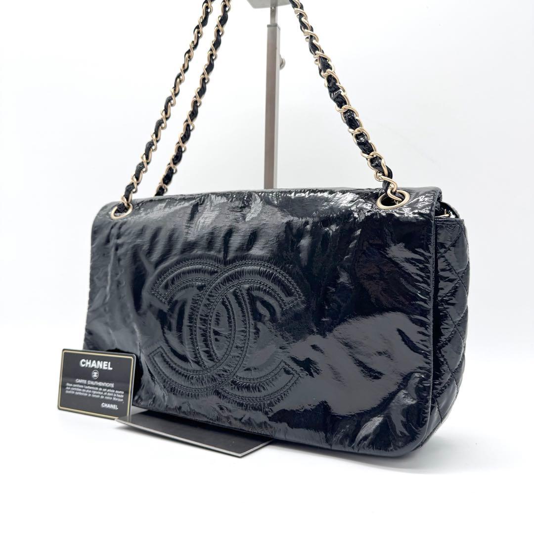 極美品 シャネル デカココ チェーン ショルダーバッグ フラップ エナメル 黒