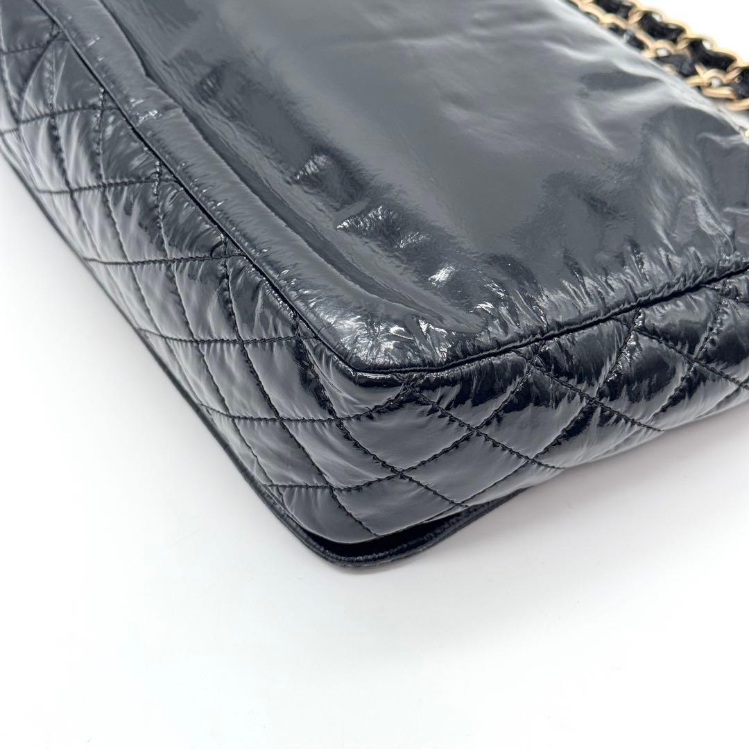 極美品 シャネル デカココ チェーン ショルダーバッグ フラップ エナメル 黒