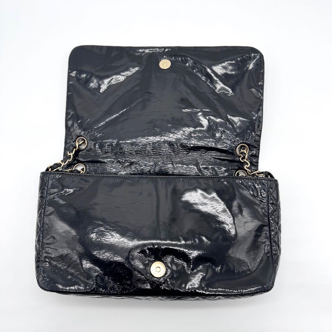 極美品 シャネル デカココ チェーン ショルダーバッグ フラップ エナメル 黒