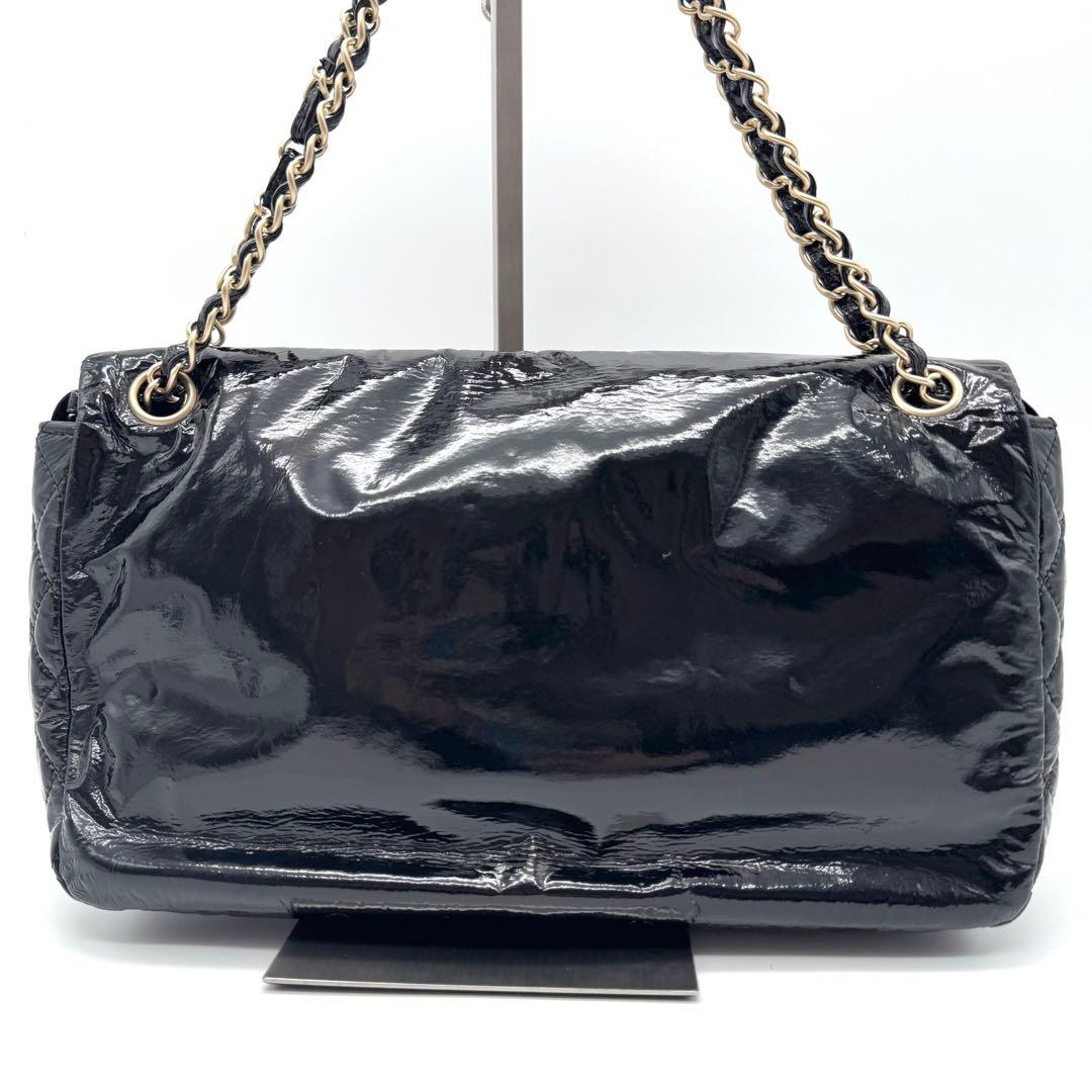 極美品 シャネル デカココ チェーン ショルダーバッグ フラップ エナメル 黒