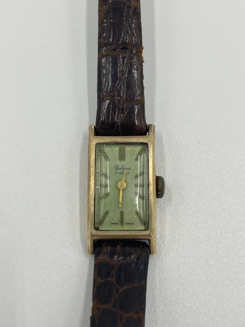 Perfine K18無垢ケース 角型手巻 17石 ジャンク アンティーク腕時計