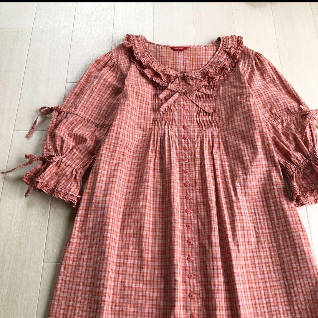 【美品】ピンクハウス チェック柄 Aライン ピコフリル リボン ワンピース