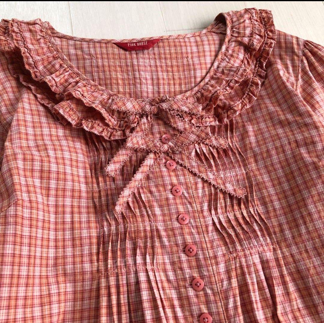 【美品】ピンクハウス チェック柄 Aライン ピコフリル リボン ワンピース