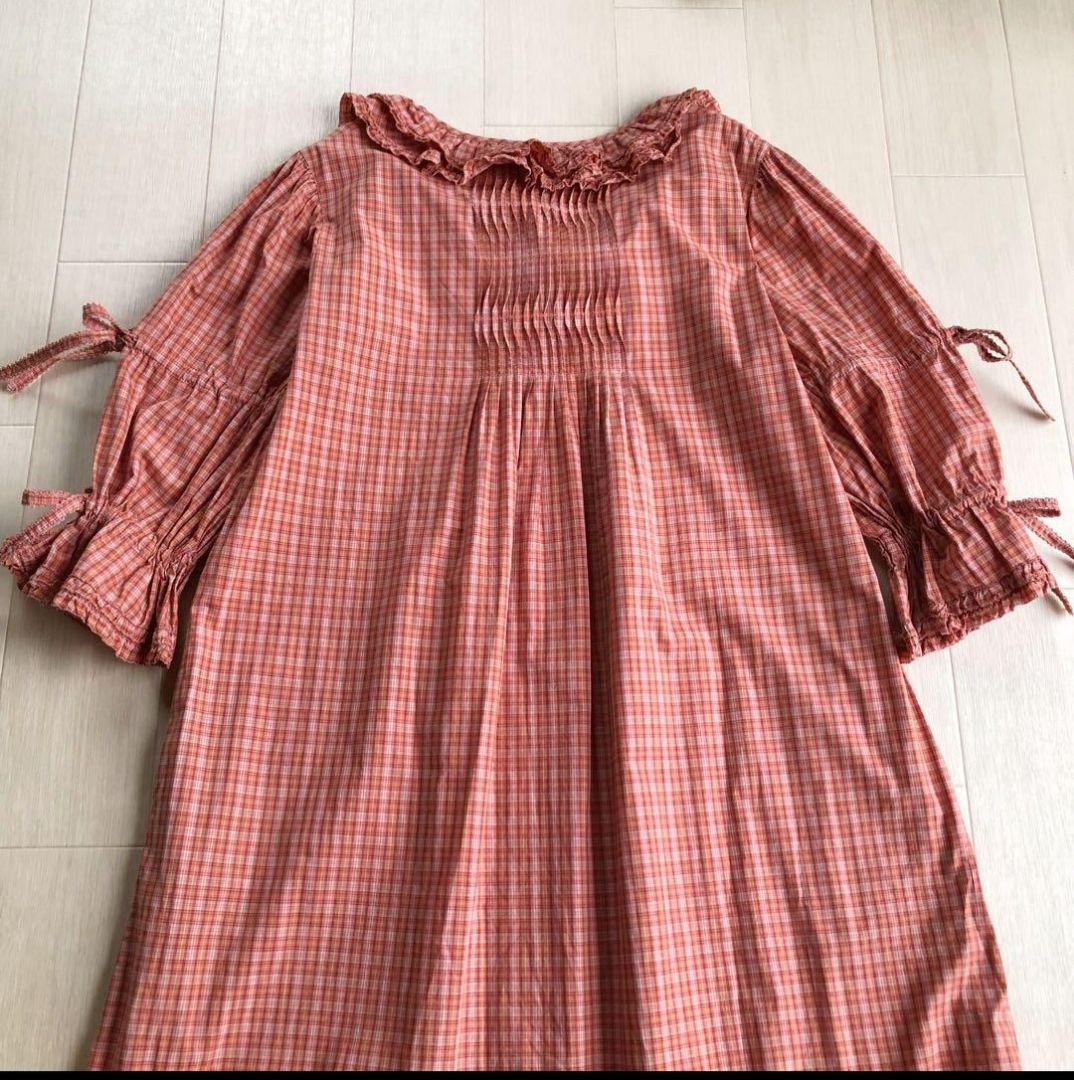 【美品】ピンクハウス チェック柄 Aライン ピコフリル リボン ワンピース