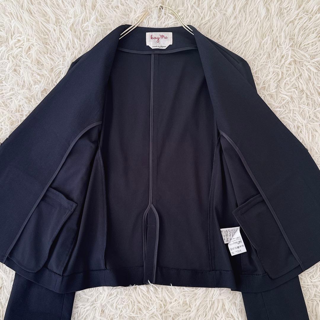 大きいサイズ13✨ケイミー ノーカラー スカートスーツ セットアップ 紺 伸縮性