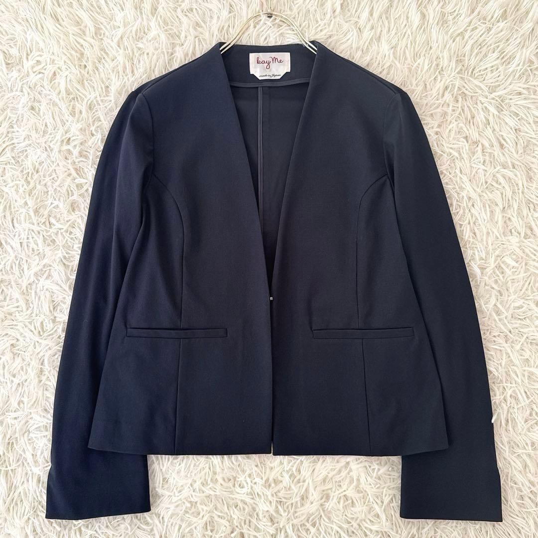 大きいサイズ13✨ケイミー ノーカラー スカートスーツ セットアップ 紺 伸縮性