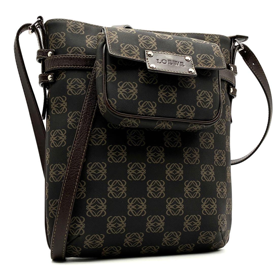 美品 ロエベ ショルダーバッグ リピートアナグラム ポーチ付 斜め掛け 黒 茶