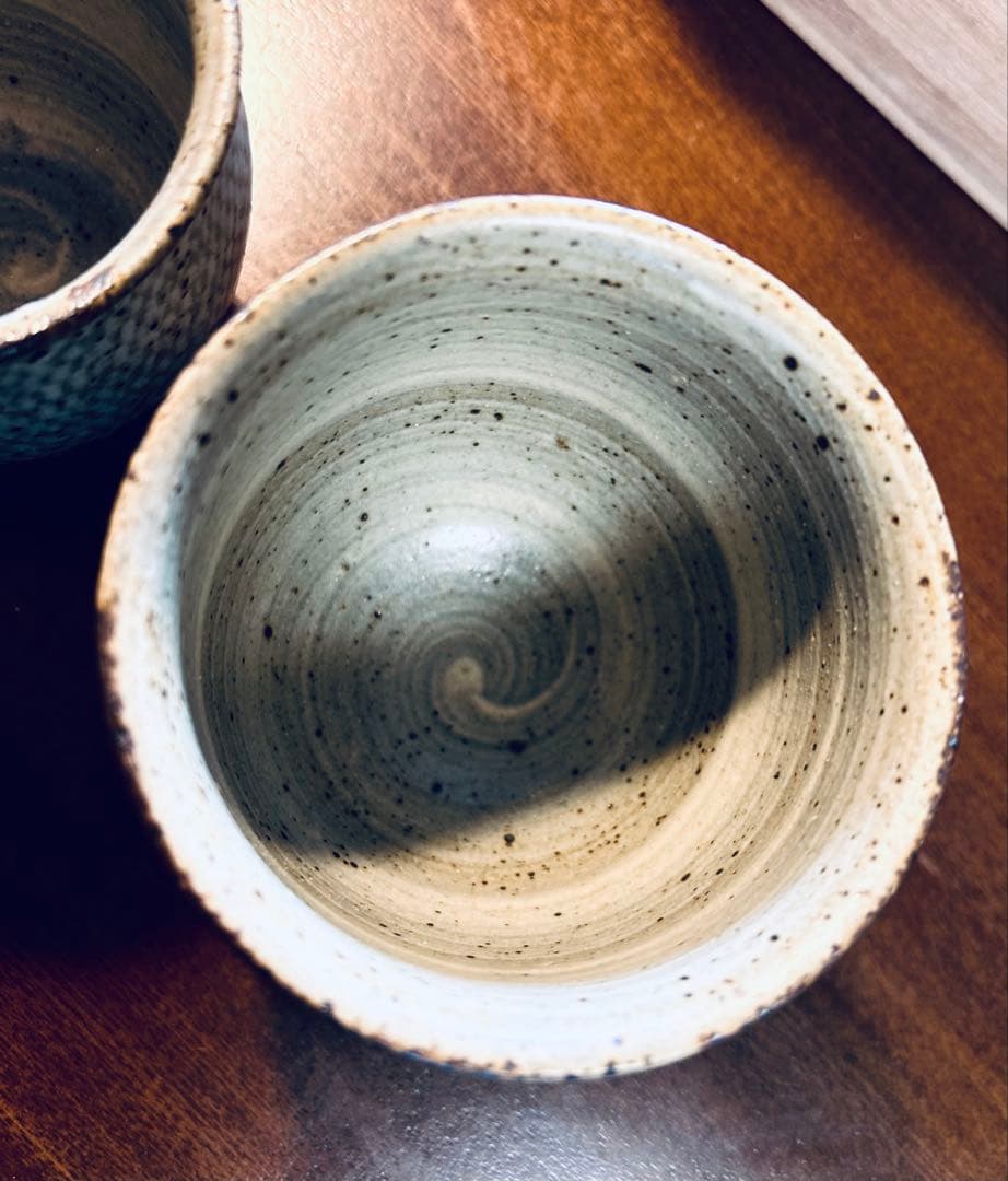 人間国宝　島岡達三　益子焼　象嵌夫婦湯呑み　共箱付き