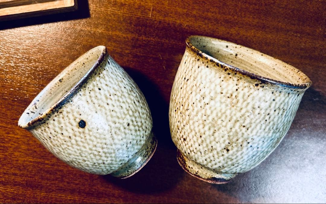 人間国宝　島岡達三　益子焼　象嵌夫婦湯呑み　共箱付き