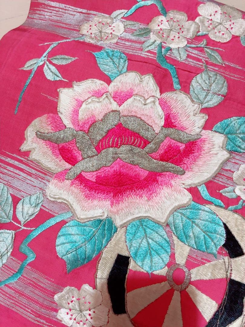 名古屋帯 薔薇　桜　刺繍 ピンク　アンティーク　金駒刺繍