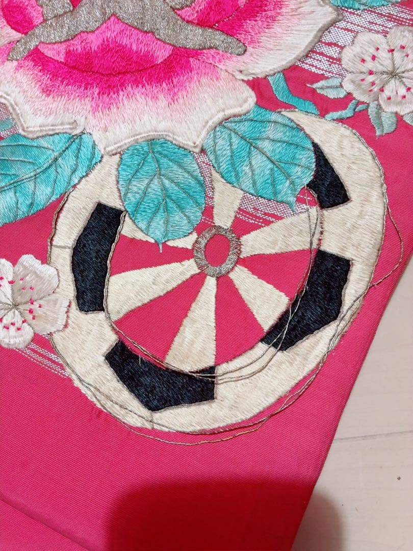 名古屋帯 薔薇　桜　刺繍 ピンク　アンティーク　金駒刺繍