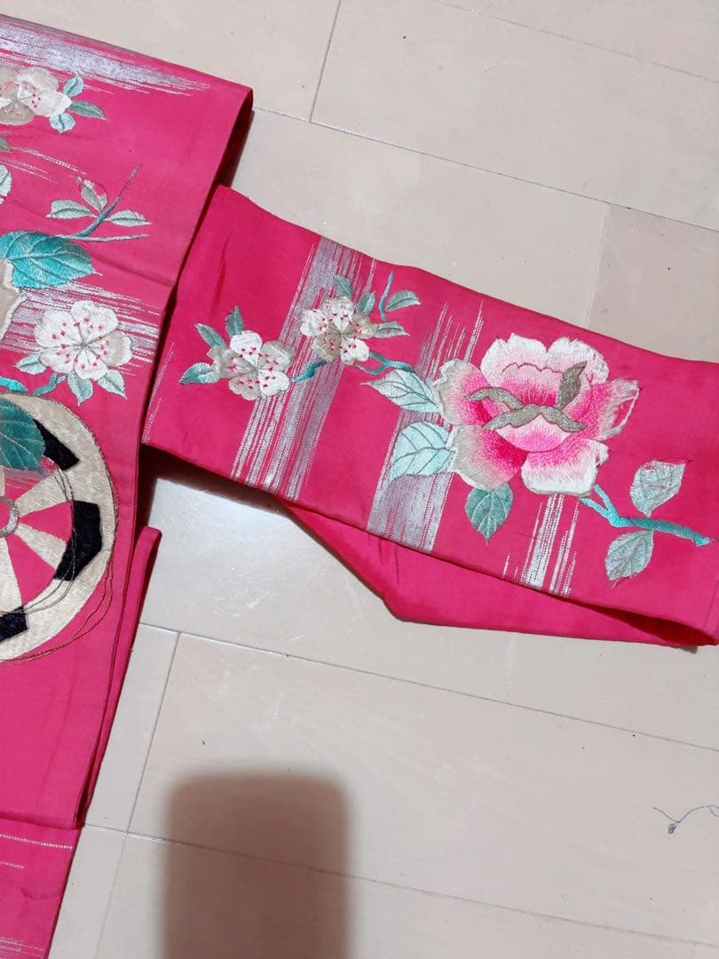 名古屋帯 薔薇　桜　刺繍 ピンク　アンティーク　金駒刺繍