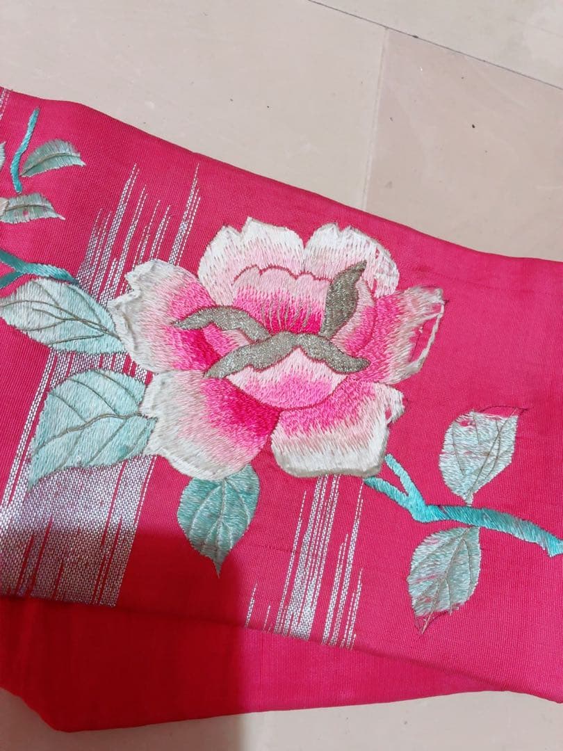 名古屋帯 薔薇　桜　刺繍 ピンク　アンティーク　金駒刺繍