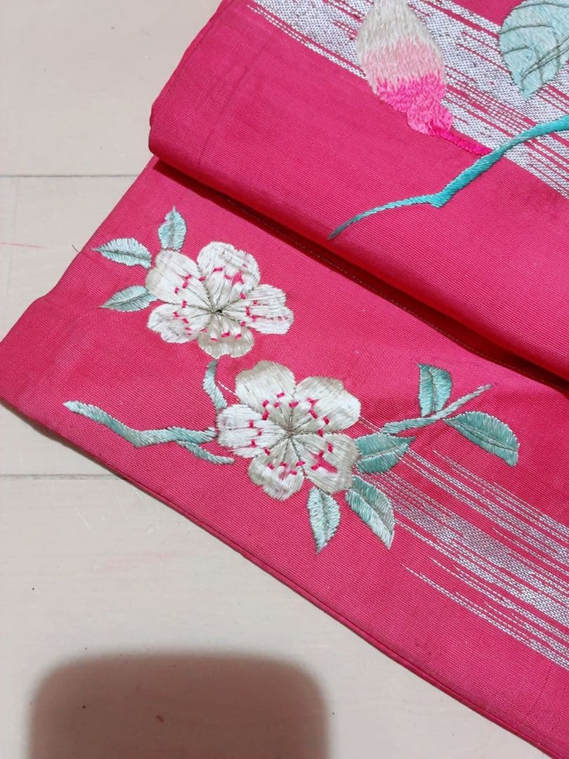 名古屋帯 薔薇　桜　刺繍 ピンク　アンティーク　金駒刺繍