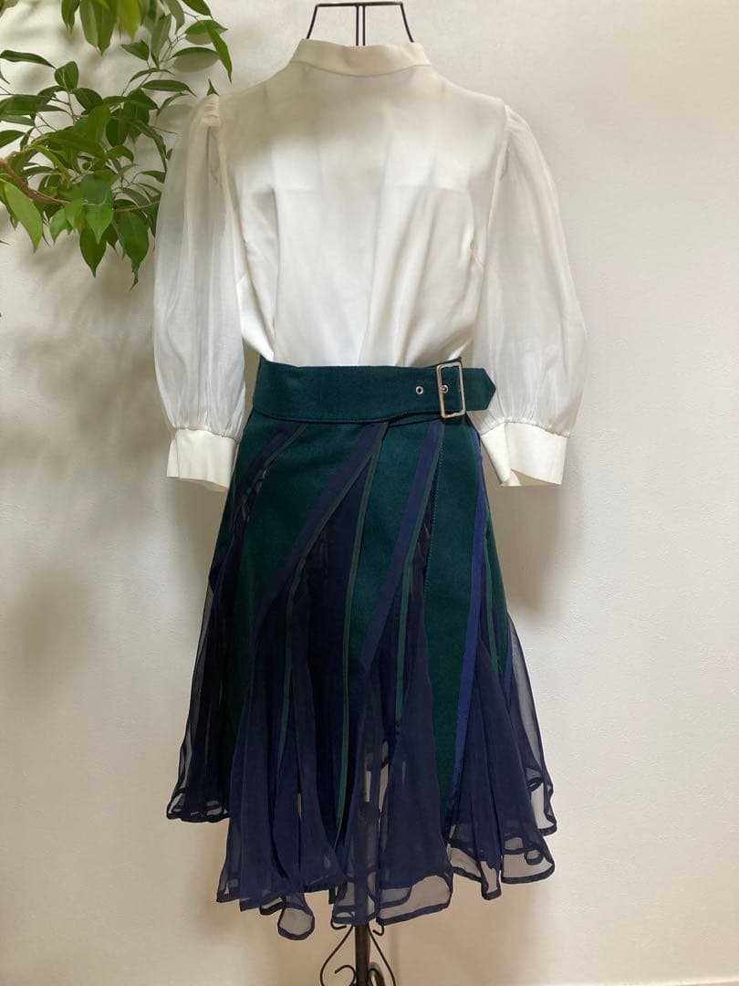 【美品】サカイ　sacai ダークネイビーandグリーン　フレア巻きスカート