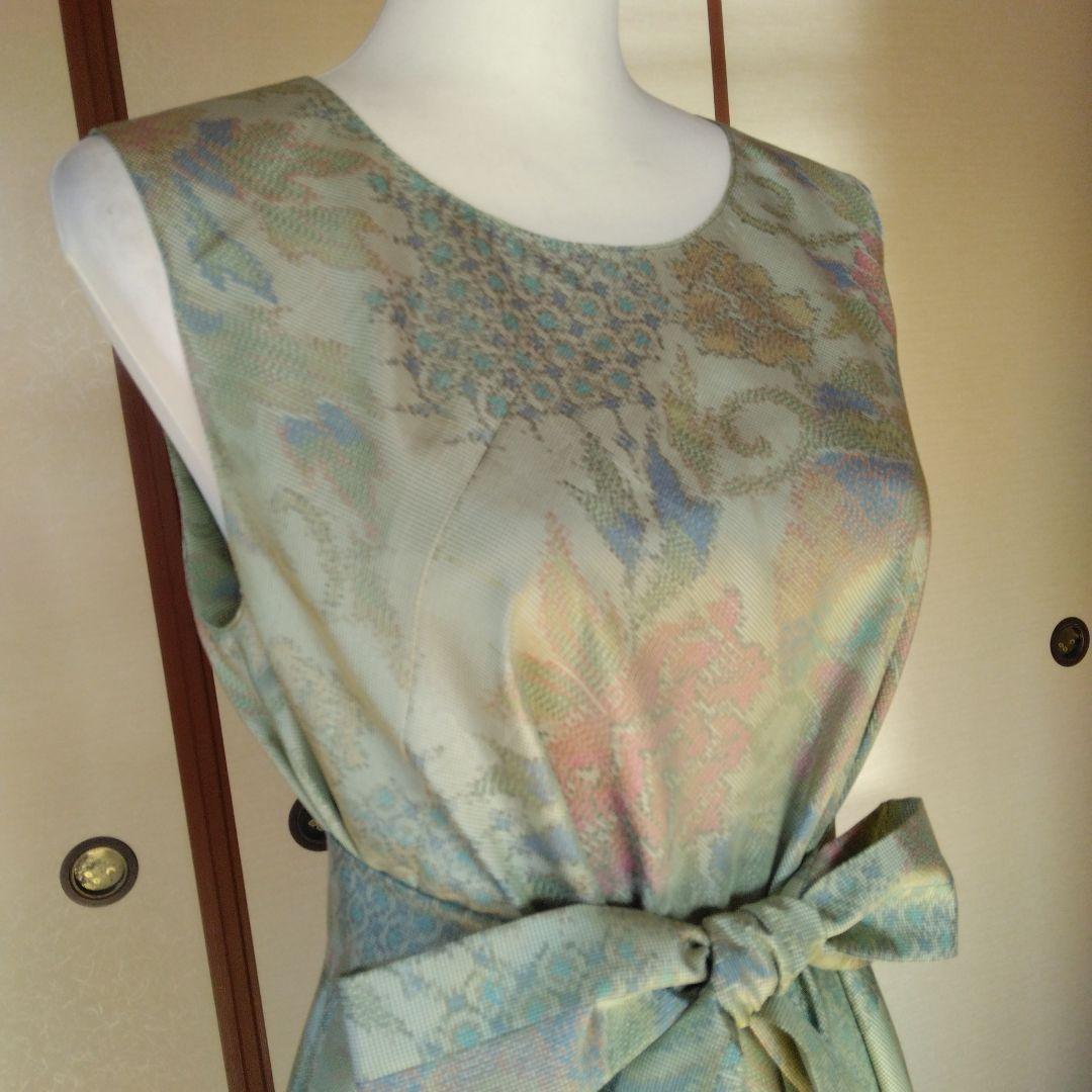 白大島紬解き生地からバイアス仕立てロングワンピースM寸