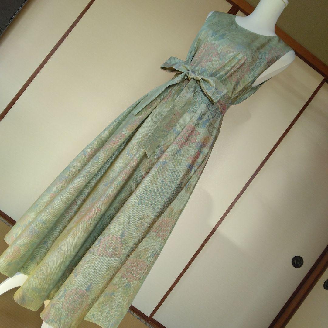 白大島紬解き生地からバイアス仕立てロングワンピースM寸