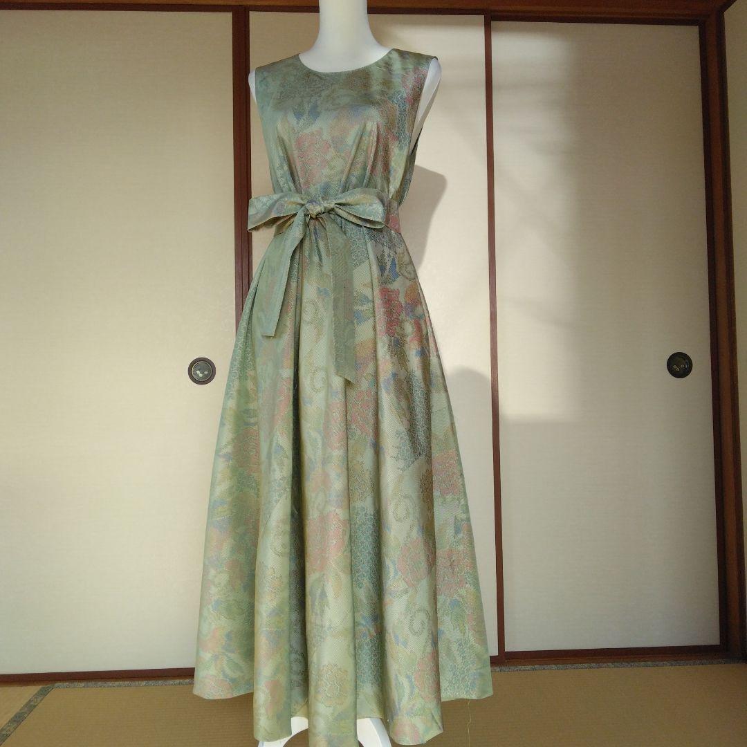 白大島紬解き生地からバイアス仕立てロングワンピースM寸