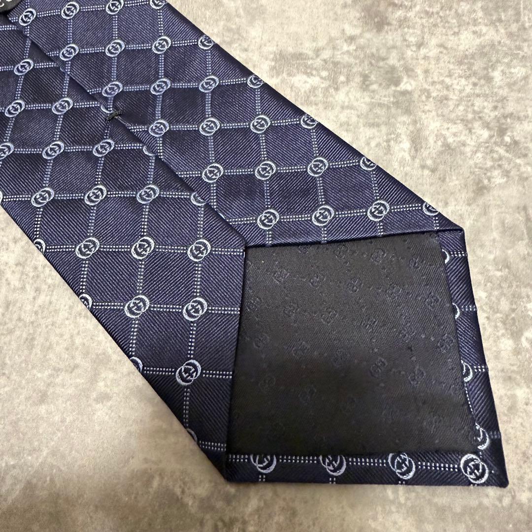 未使用級 GUCCI グッチ ネクタイ インターロッキング GG柄 ネイビー 紺
