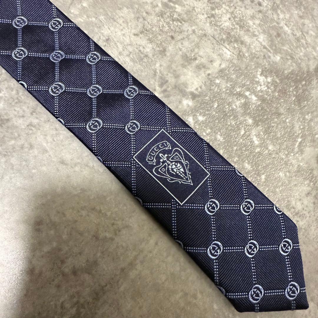 未使用級 GUCCI グッチ ネクタイ インターロッキング GG柄 ネイビー 紺