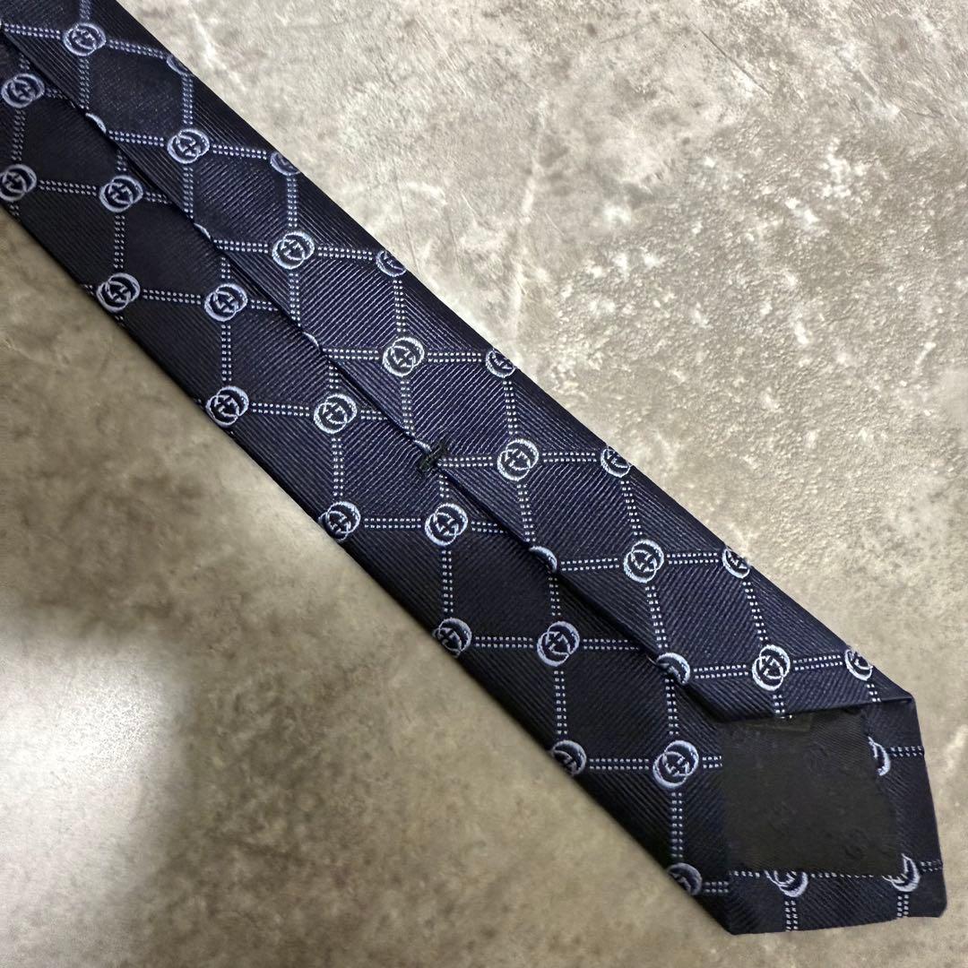 未使用級 GUCCI グッチ ネクタイ インターロッキング GG柄 ネイビー 紺