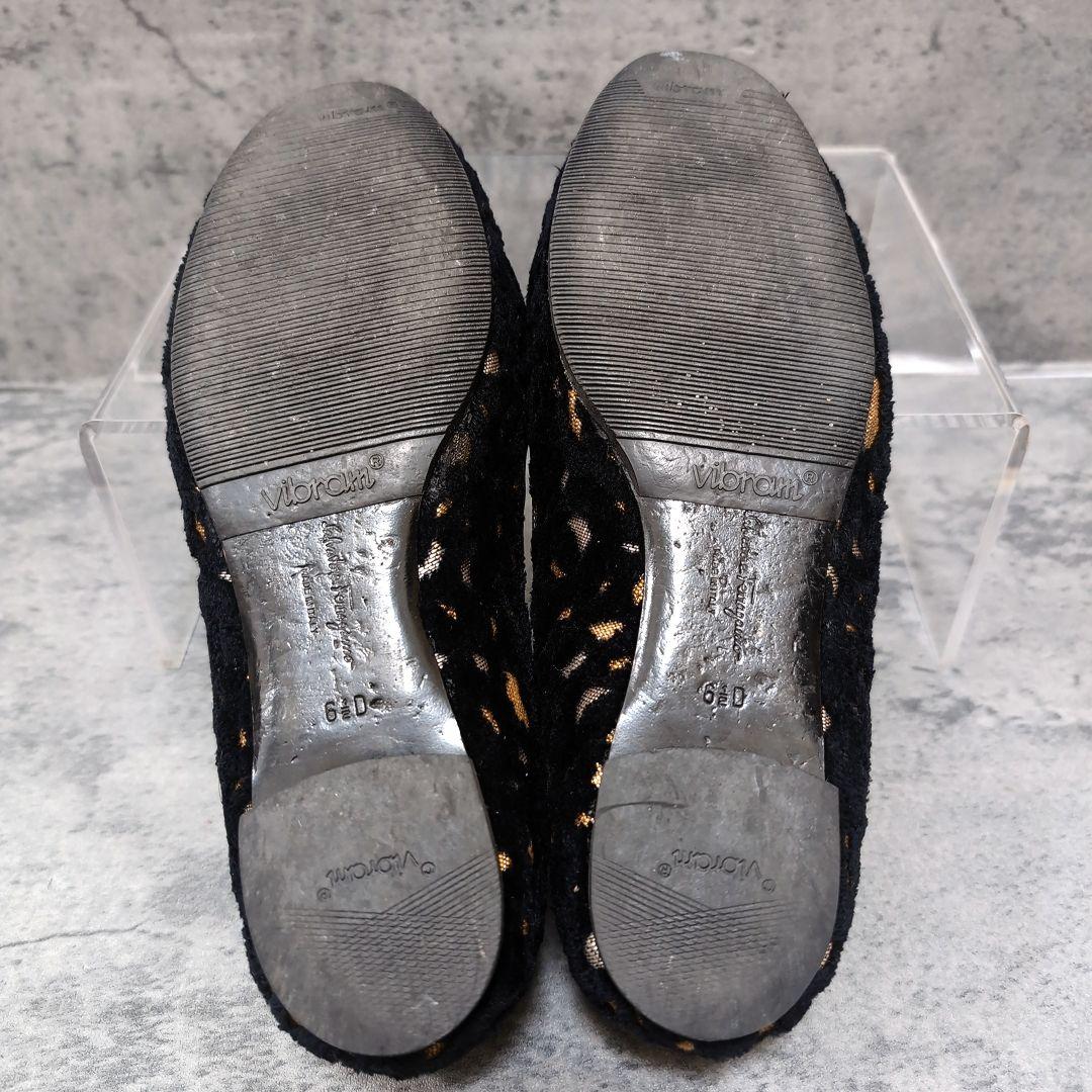 フェラガモ ヴァラ フラットシューズ 23.5〜24 黒 金 ラメ 裏張り済 冬