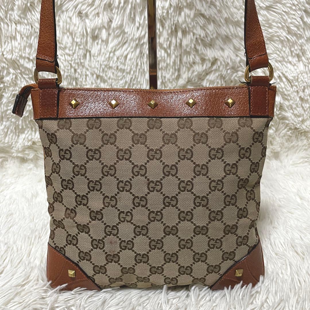【良品】GUCCI グッチ　ショルダーバッグ　キャンバス　レザー　スタッズ