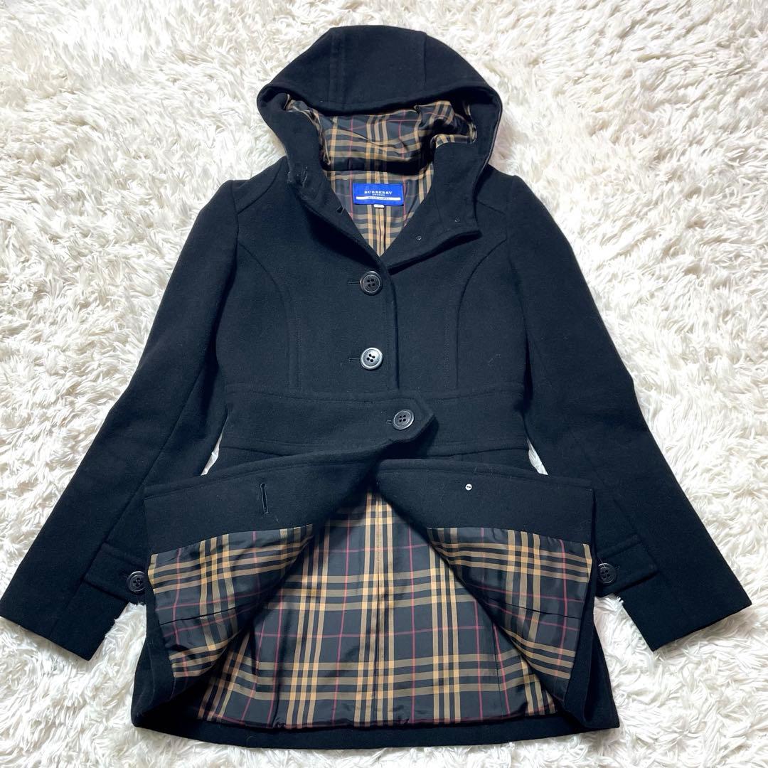 バーバリーブルーレーベル アンゴラ コート ブラック Aライン 38