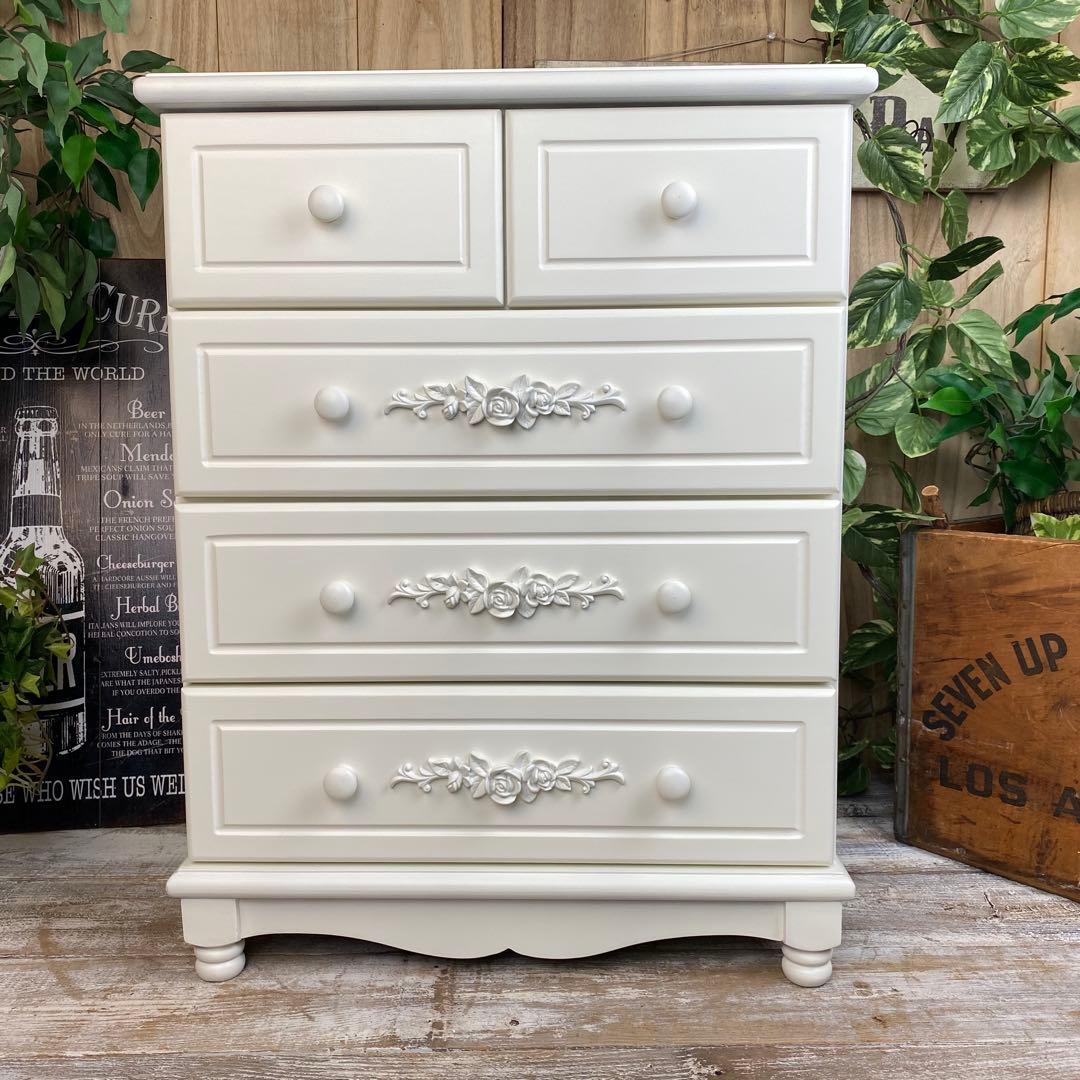 訳あり品【128】フレンチカントリー調ホワイトチェスト四段五つ引き木製タンス収納