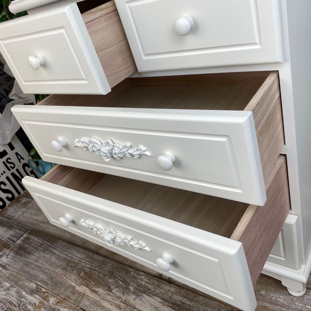 訳あり品【128】フレンチカントリー調ホワイトチェスト四段五つ引き木製タンス収納