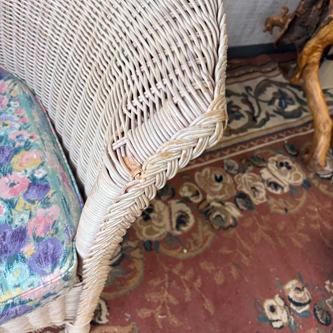 ③昭和レトロ ヴィンテージ ラタンダイニングチェア 花柄クッション アームチェア