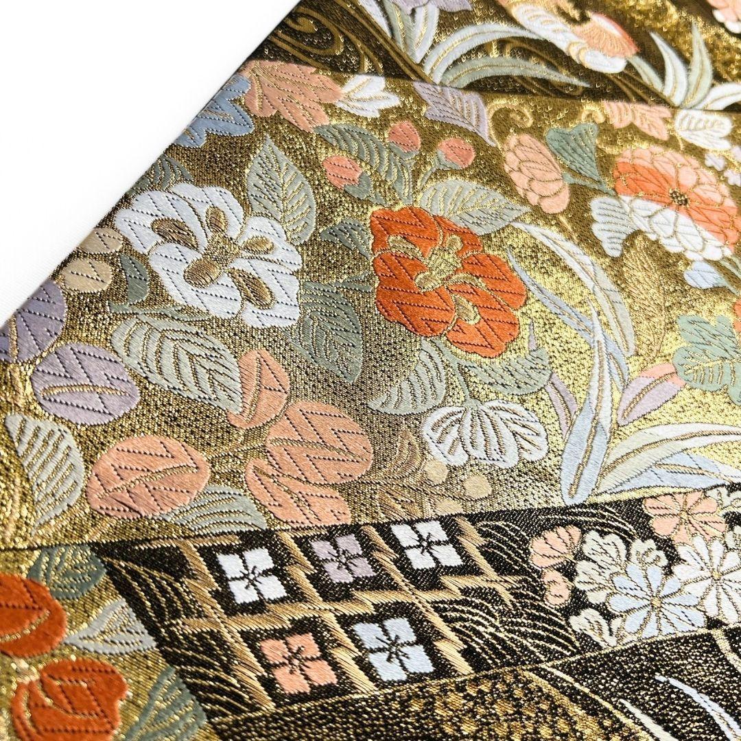 未着用　袋帯　唐織　菖蒲　菊花　鴛鴦　観世水　金糸　着物　115 p ms