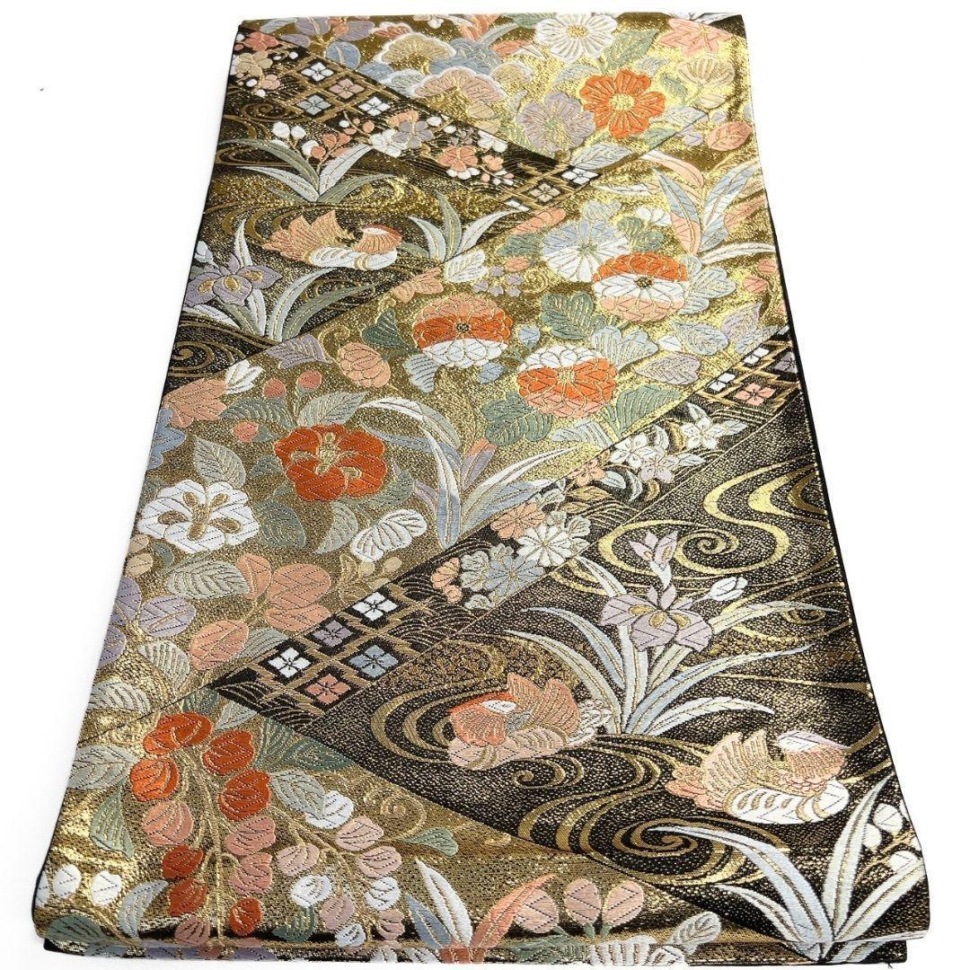 未着用　袋帯　唐織　菖蒲　菊花　鴛鴦　観世水　金糸　着物　115 p ms