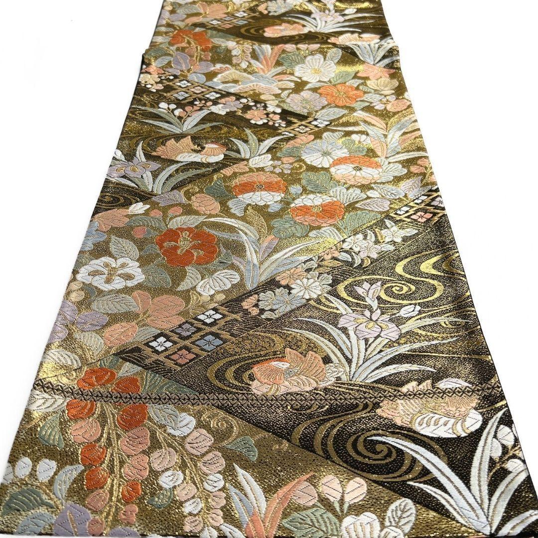 未着用　袋帯　唐織　菖蒲　菊花　鴛鴦　観世水　金糸　着物　115 p ms