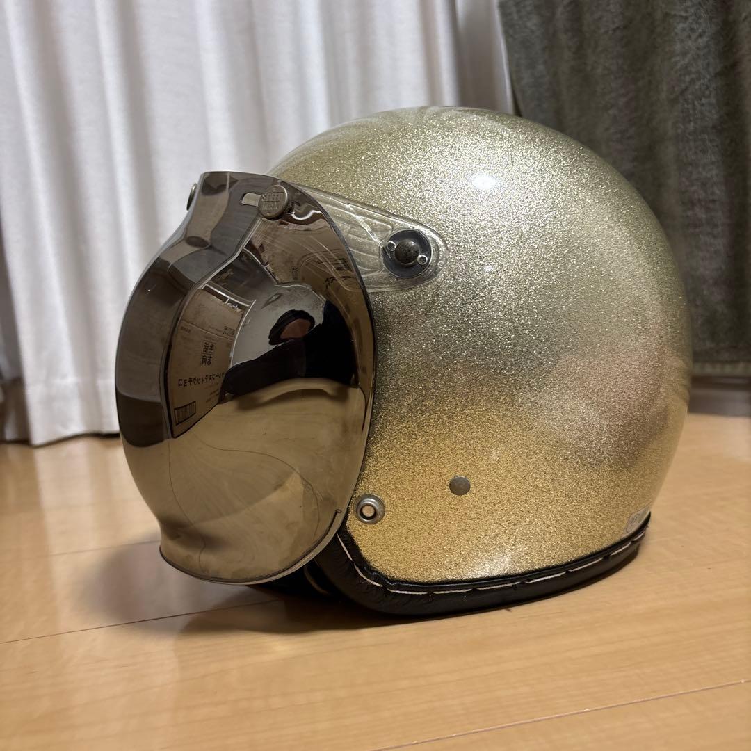 しーたろ　ゴールドラメ仕上げ ジェットヘルメット ミラーシールド付き