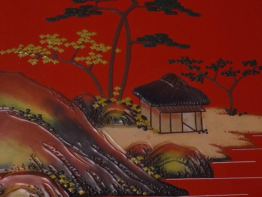 角萬　琉球漆器　堆錦山水　文箱　新品未使用