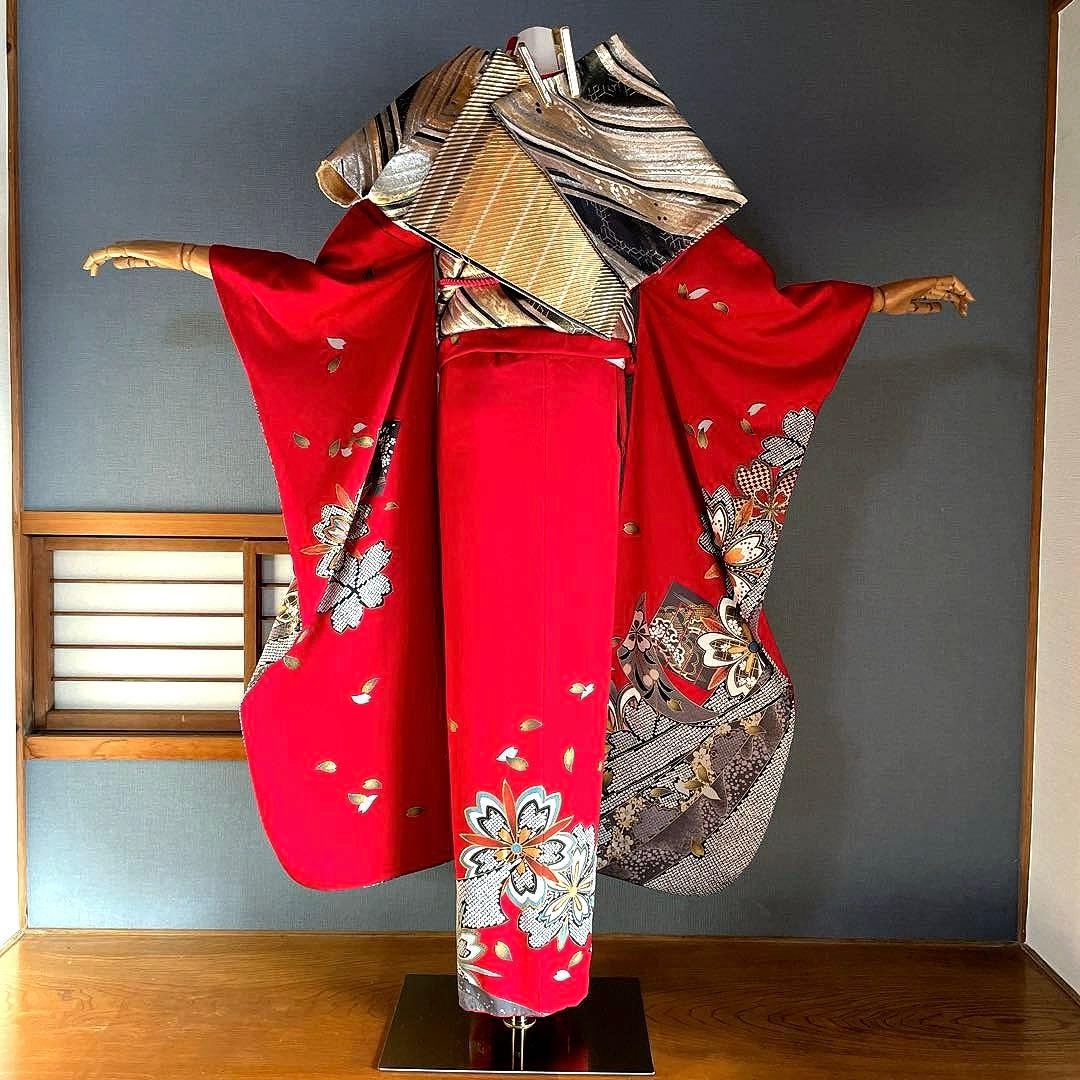 振袖フルセット　金彩友禅　成人式振袖　振袖　裄丈67 赤　桜