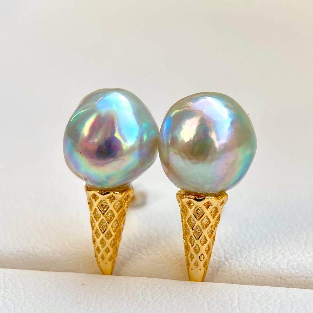 本真珠あこや真珠　青虹色9.5×9㍉s925アイスピアスBL926