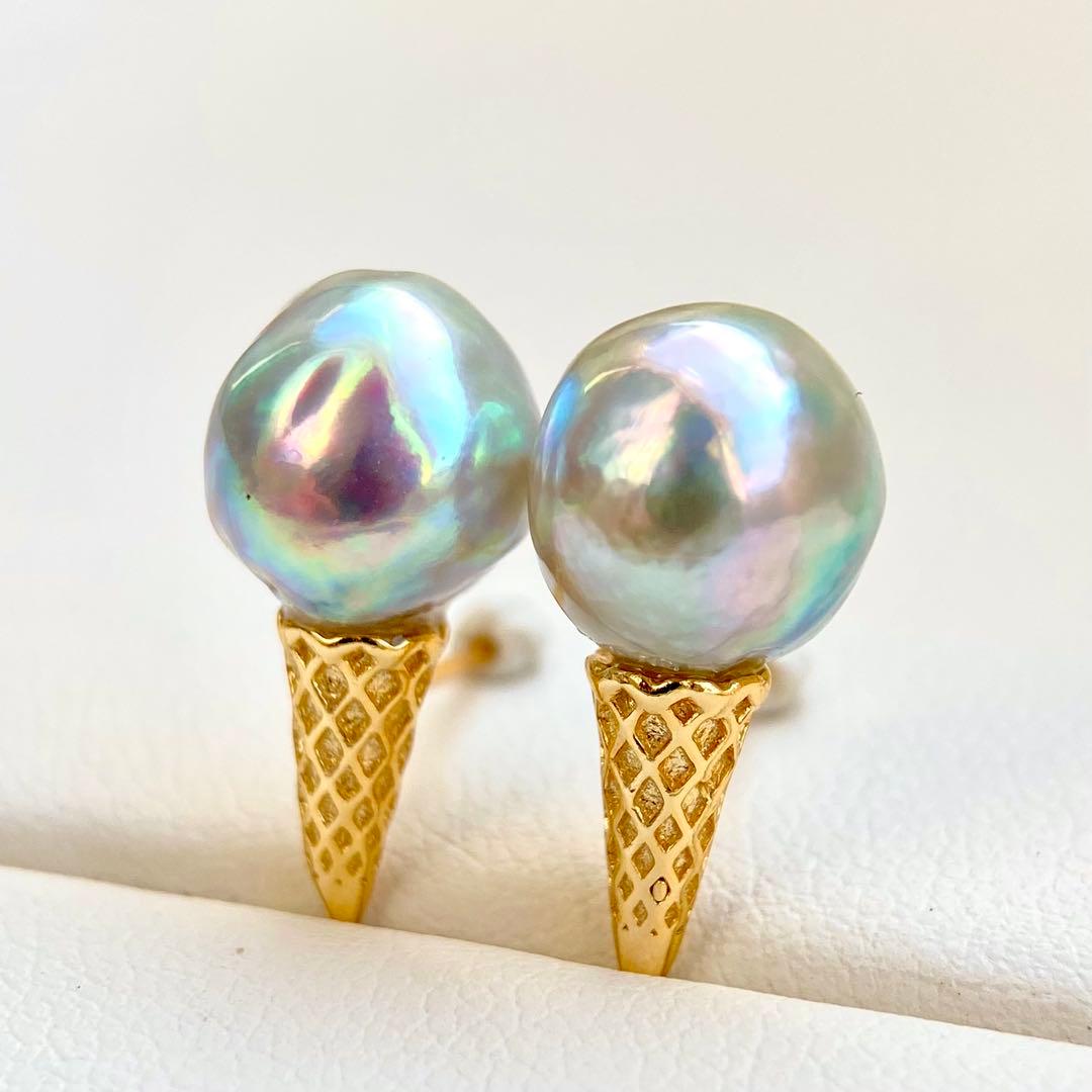 本真珠あこや真珠　青虹色9.5×9㍉s925アイスピアスBL926