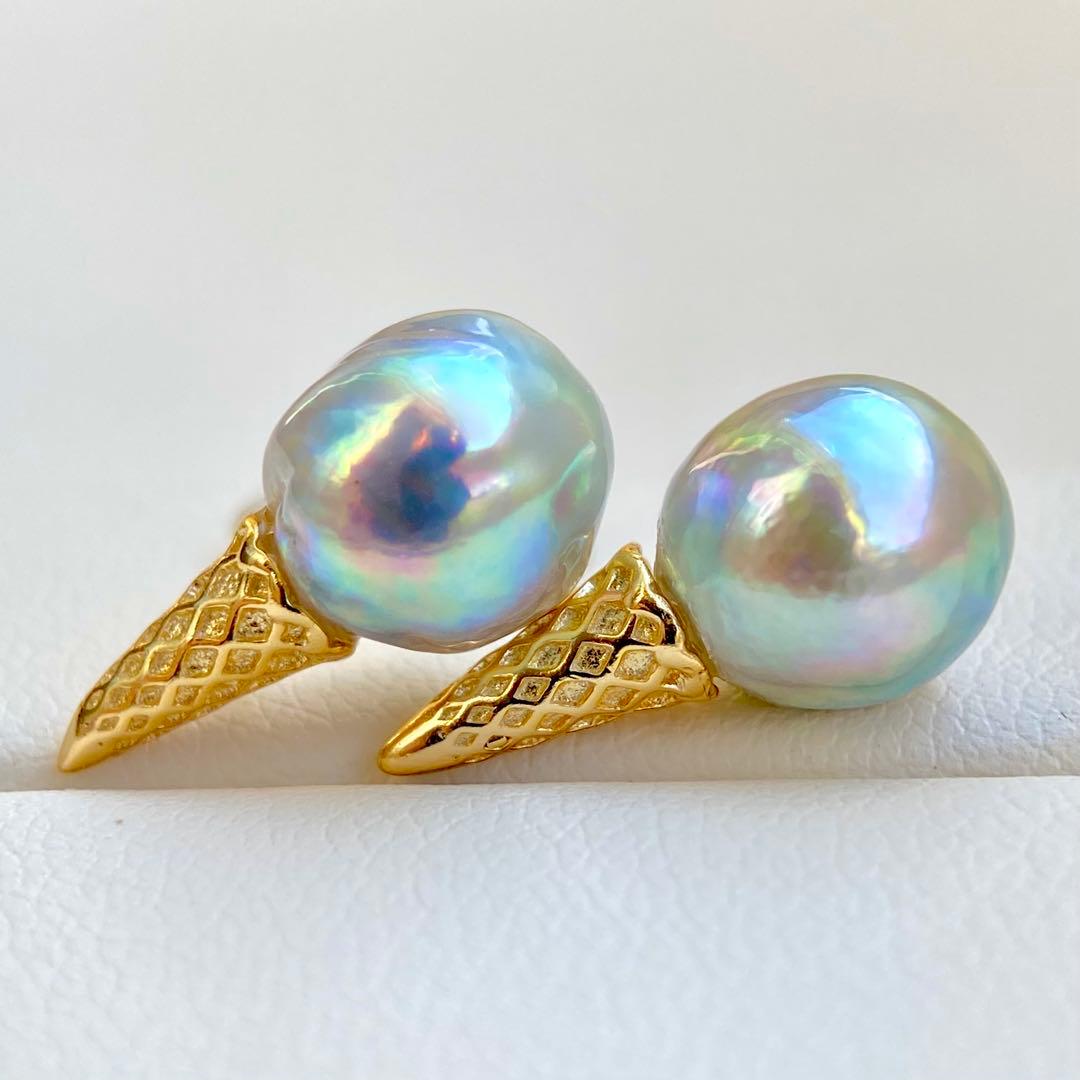 本真珠あこや真珠　青虹色9.5×9㍉s925アイスピアスBL926