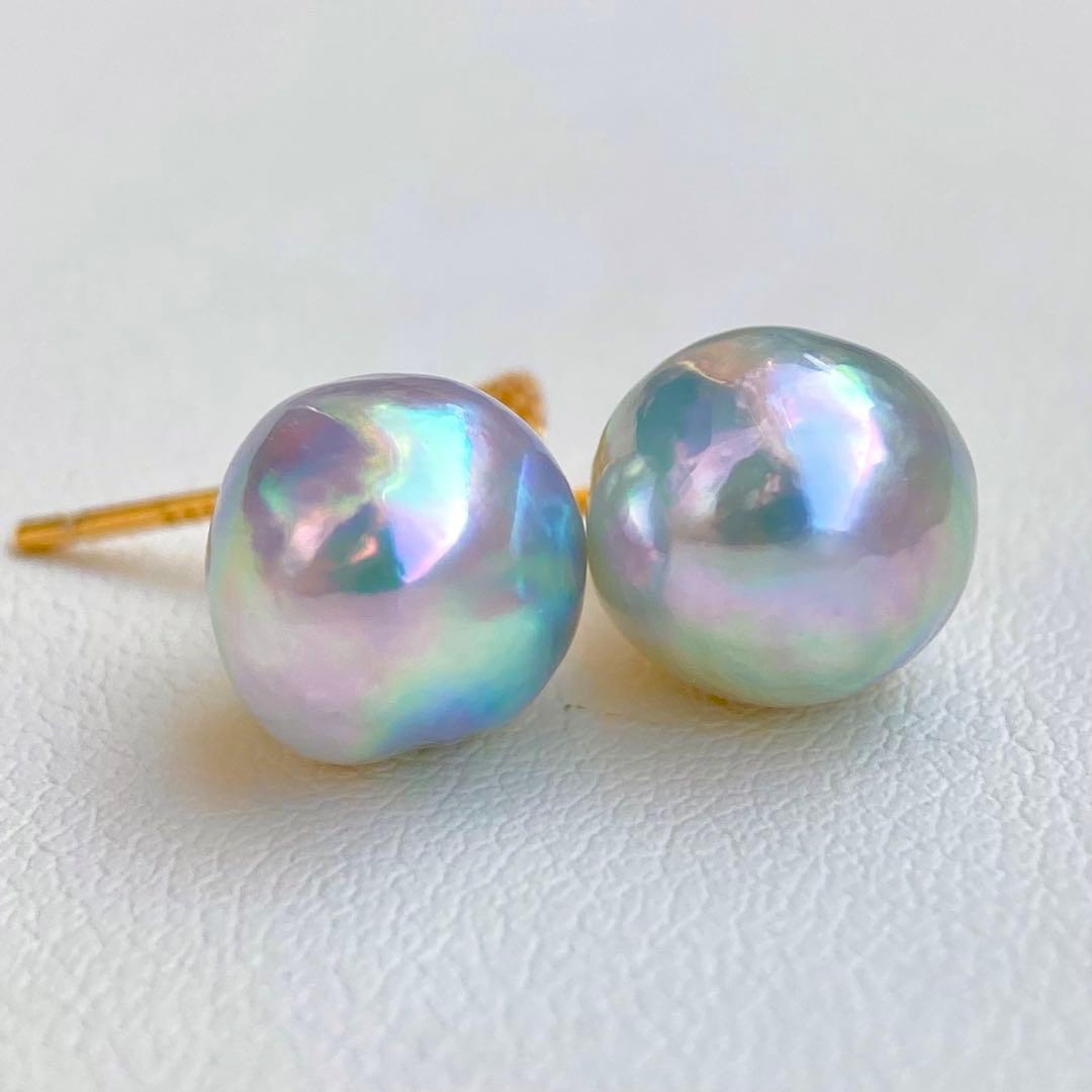 本真珠あこや真珠　青虹色9.5×9㍉s925アイスピアスBL926