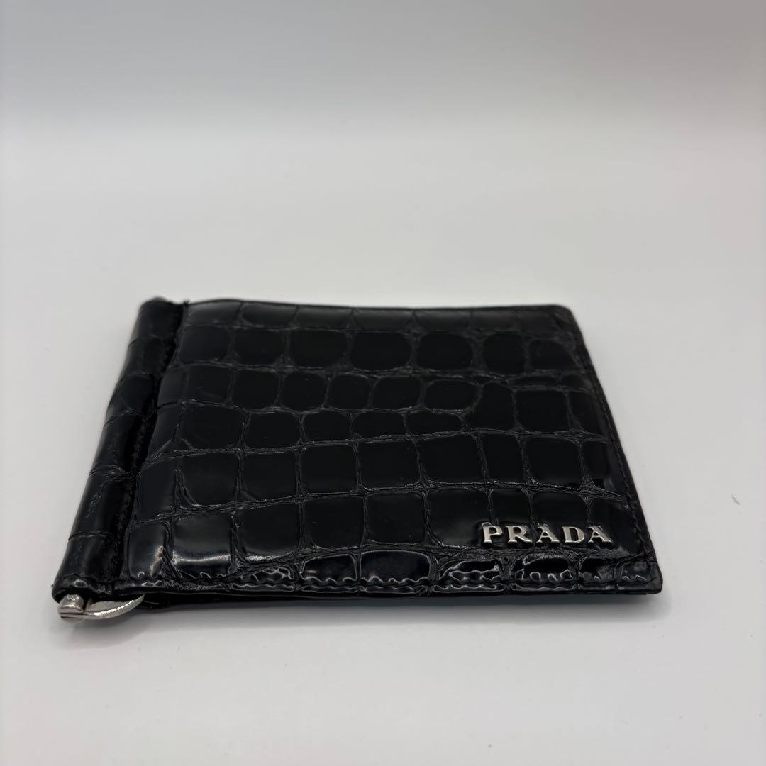 希少品/付属品　PRADA 二つ折り財布　マネークリップ　クロコ　エナメル　黒色