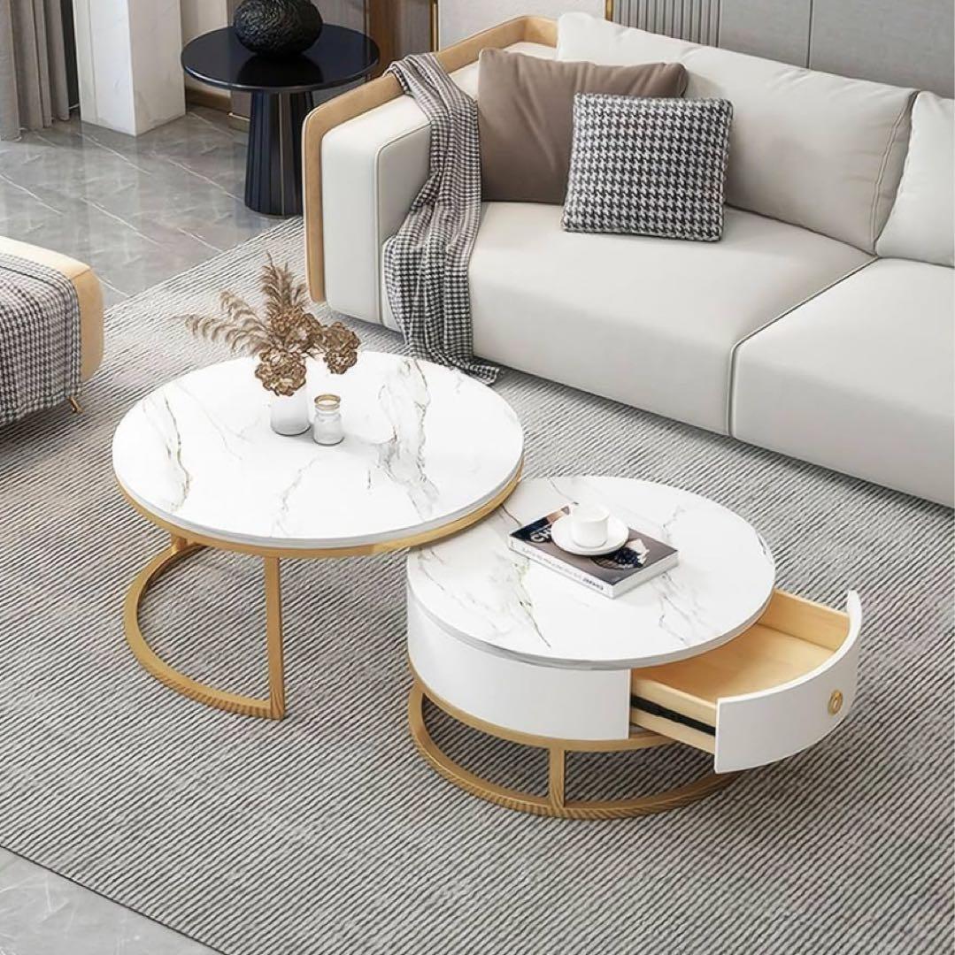 センターテーブル 大理石柄セラミック 伸縮 丸2個セット　収納付　ローテーブル
