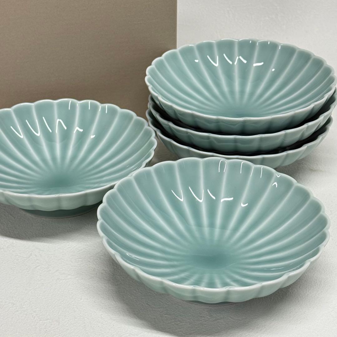 未使用 深川製磁 青磁 菊割小付揃 菊花 5枚セット