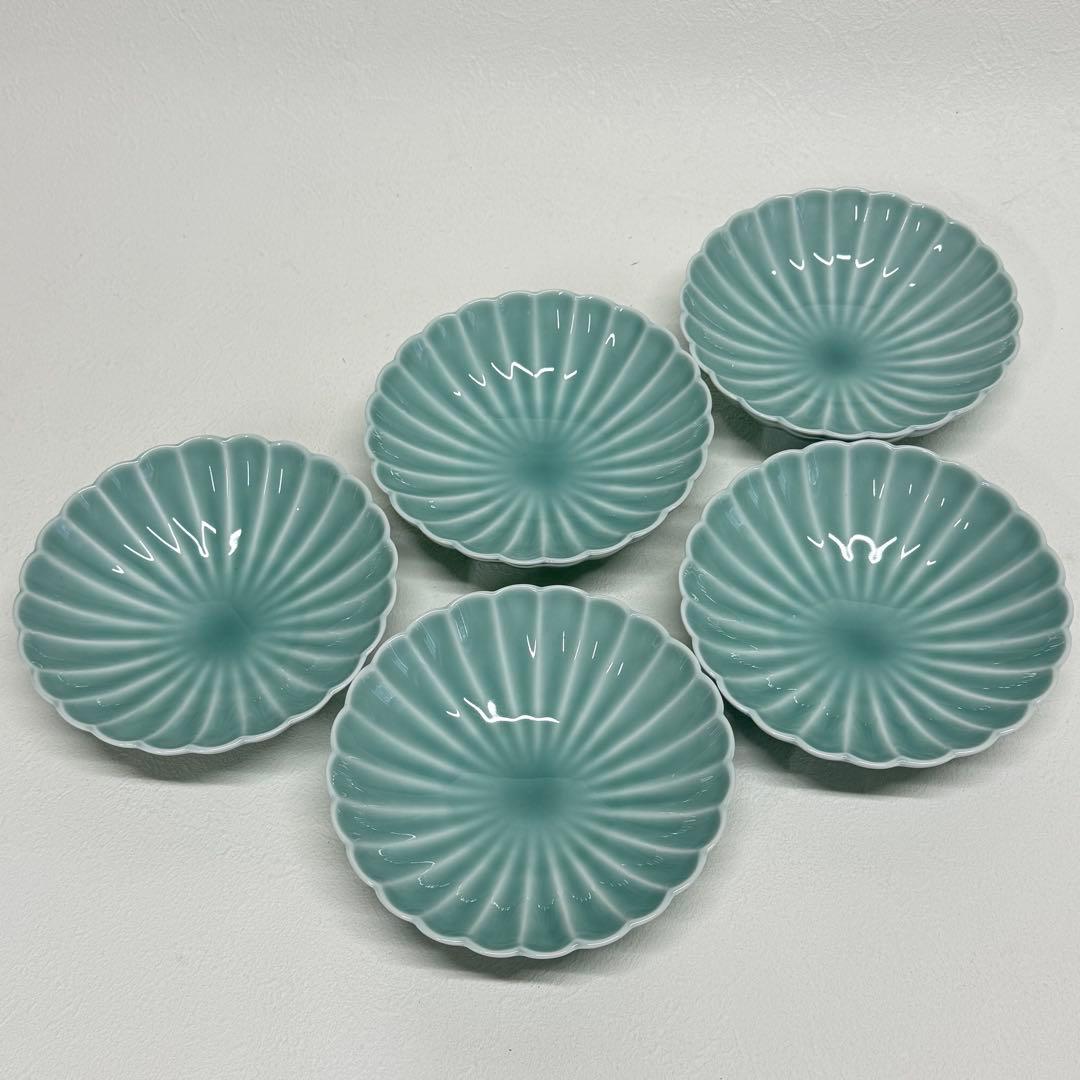 未使用 深川製磁 青磁 菊割小付揃 菊花 5枚セット