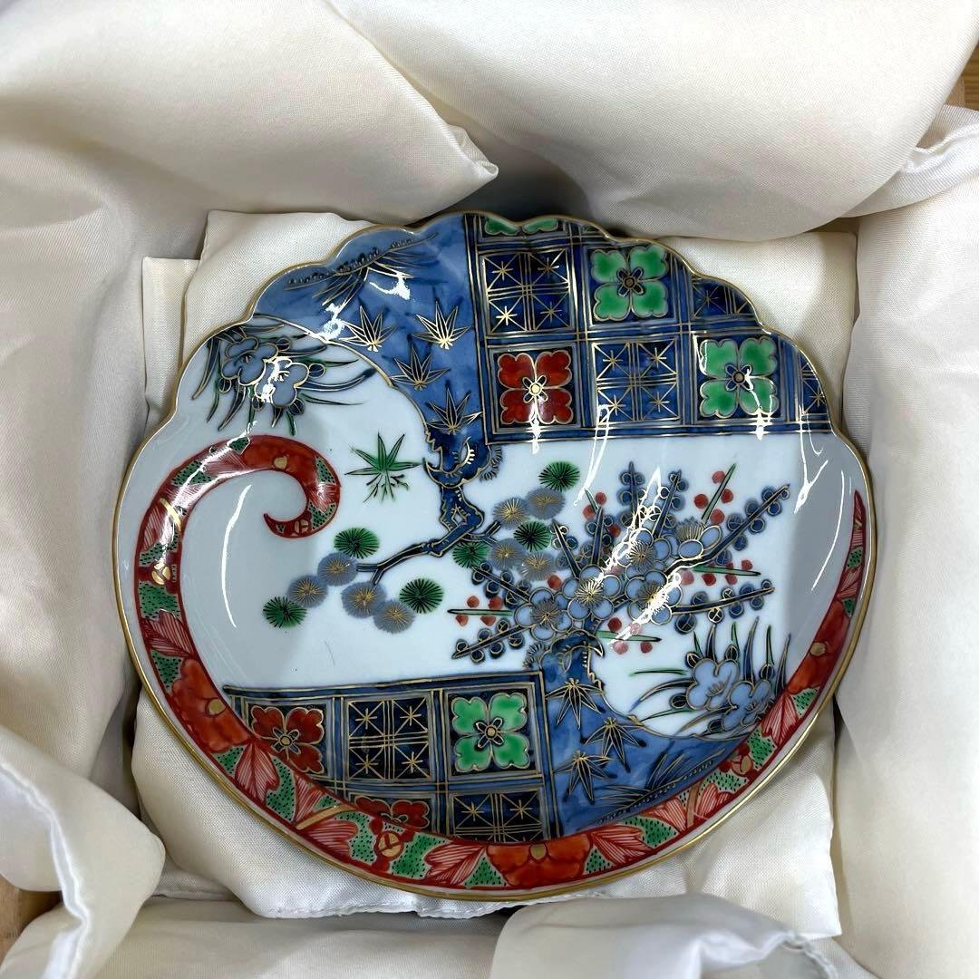 九谷焼の「山本芳岳」作の染錦松竹梅 鮑型皿5枚セット