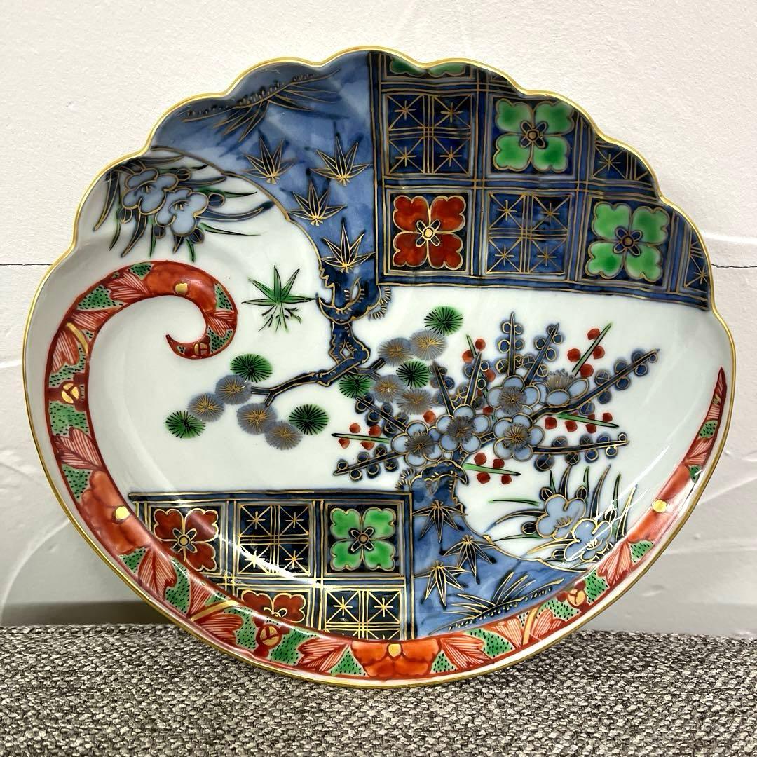 九谷焼の「山本芳岳」作の染錦松竹梅 鮑型皿5枚セット