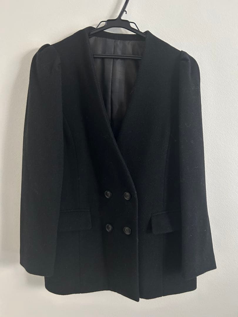 ノーカラーダブルブレストパフスリーブジャケット ブラック
